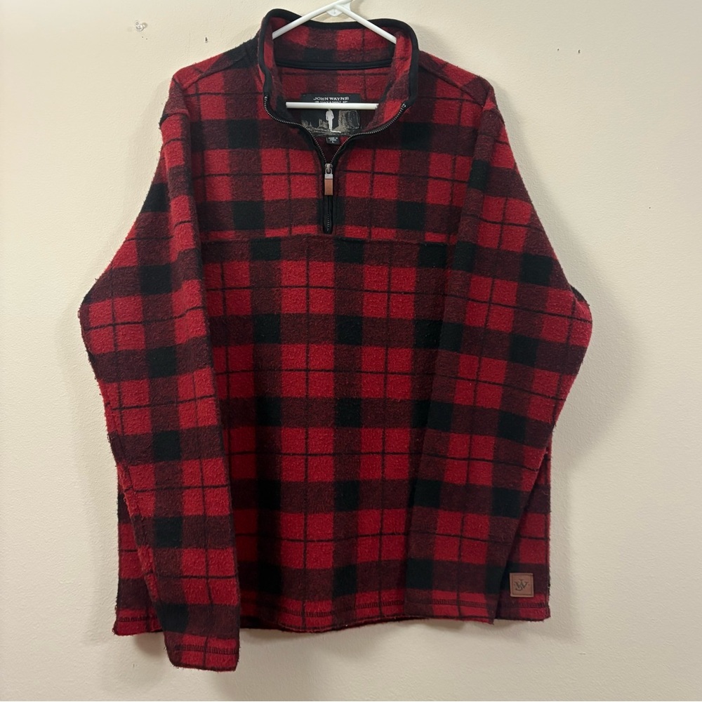 John Wayne stock & supply Fleece Pullover men’s  L wooly plaid red & black cl